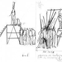 Disegni di Dario Fo, strutture sceniche per lo spettacolo Grande Pantomima con bandiere (Archivio Franca Rame)